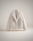 Cream teddy fleece jacket, front view with stand collar