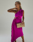 Fuchsia pleated one-shoulder maxi dress with ruched waist and asymmetrical hem