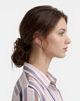Women’s cotton stripe blouse collar with button placket, pastel vertical stripes at neckline