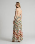 Lightweight knit maxi dress, back view, multicolor chevron zigzag with spaghetti straps