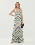 Lightweight knit maxi dress with blue-toned multicolor chevron zigzag and spaghetti straps