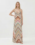 Lightweight knit maxi dress with multicolor chevron zigzag pattern and spaghetti straps