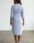 Blue striped maternity shirt dress, back view with belted tie waist
