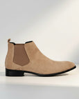 Men's suede square-toe Chelsea boots, beige with black side elastics and sole