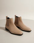 Men's suede square-toe Chelsea boots, tan-beige with black side elastics and sole