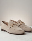 Beige suede loafers with horsebit detail, almond toe slip-on shoes