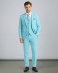 Light blue men’s three-piece suit set with tailored jacket, waistcoat, and matching trousers