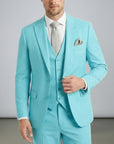 Light blue men’s three-piece suit set with tailored jacket, waistcoat, and matching trousers