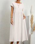 Women’s cotton-linen maxi dress, short sleeves, gathered waist, white