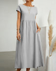 Women’s cotton-linen maxi dress, short sleeves, gathered waist, light gray