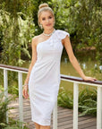 White sleeveless one-shoulder midi dress with ruffle at the shoulder