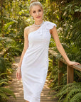 White sleeveless one-shoulder midi dress with ruffled shoulder detail