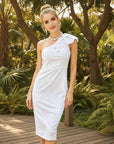 White sleeveless midi dress with ruffled shoulder and fitted sheath silhouette