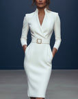 Women's cocktail dress, V-neck, long sleeves, fitted with waist belt, light ivory