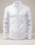 Men's slim-fit stretch dress shirt, white button-front, long sleeves, pointed collar.