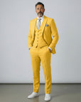 Yellow men’s three-piece suit set with tailored jacket, waistcoat, and matching trousers