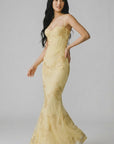 Floral embroidered corset gown with spaghetti straps, fitted bodice, gold mermaid