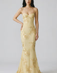 Floral embroidered corset gown with spaghetti straps, mermaid hem, gold