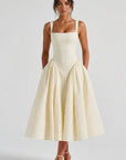 Yellow gingham midi dress with square neckline, corset bodice and full gathered skirt