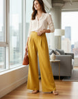 Golden yellow linen-blend wide-leg trousers, high-waist with elastic waistband and wide legs