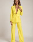Yellow tailored suit with V-neck blazer and wide-leg trousers, long sleeves