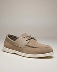Men's beige suede driving loafers with lace-up vamp and white flat sole