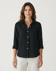 Black linen-cotton blend button-up shirt with four-button front and collar