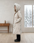 Light beige waterproof hooded parka with faux fur trim and drawstring waist