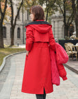 Red waterproof hooded parka with faux fur trim, button front, drawstring waist