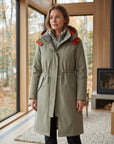Olive waterproof hooded parka with faux fur trim and drawstring waist