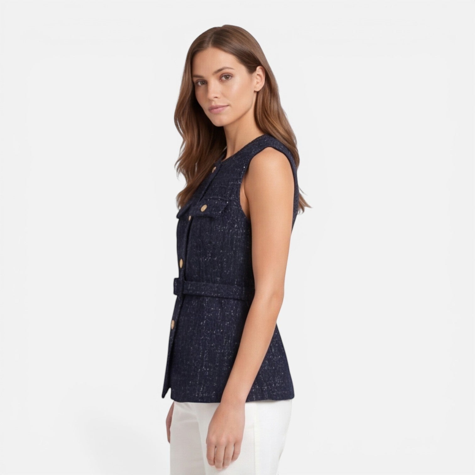 Navy tweed sleeveless vest with gold button details and belted waist