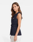 Navy tweed sleeveless vest with gold button details and belted waist
