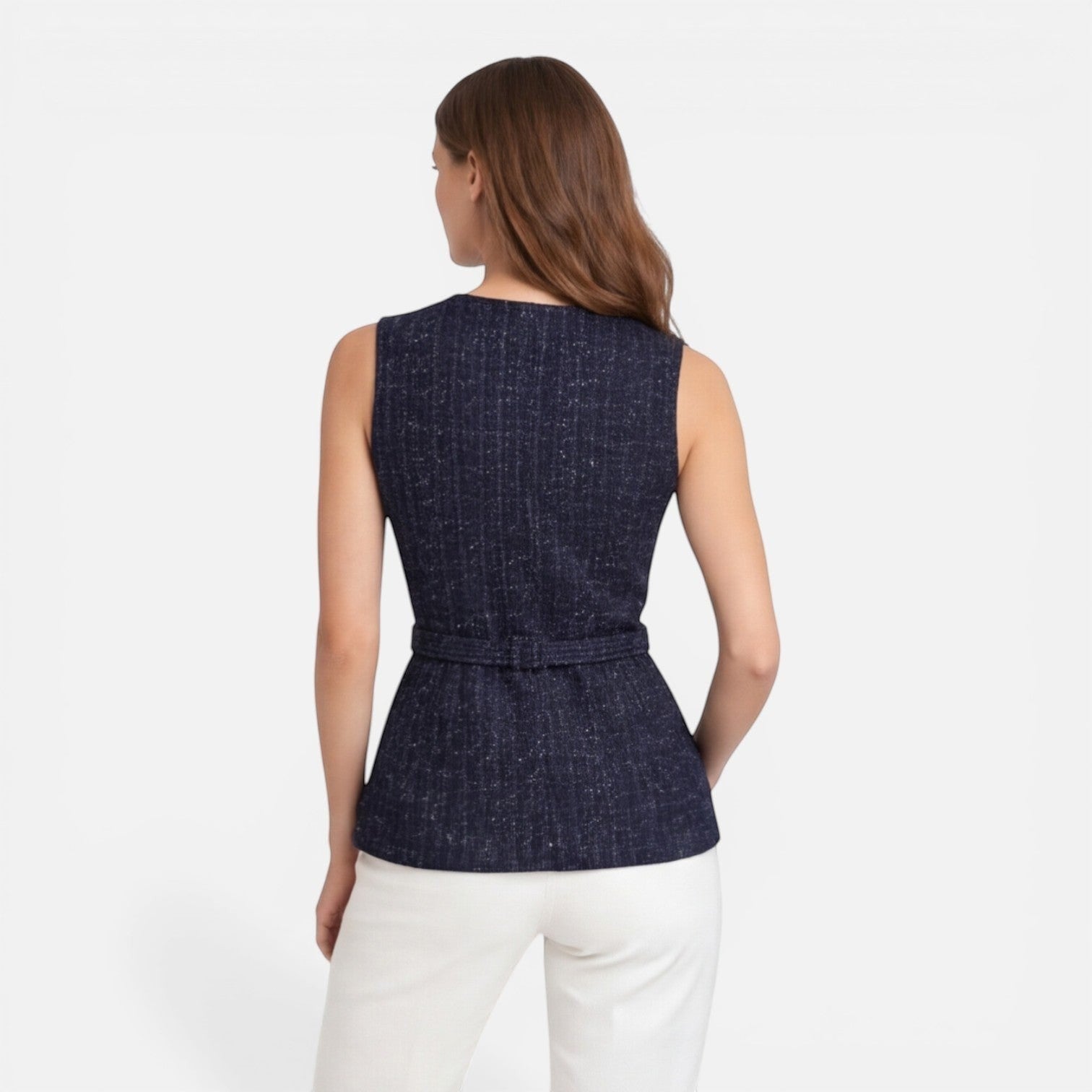 Navy tweed sleeveless vest with belted waist and gold button back yoke