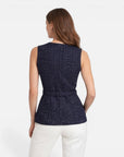 Navy tweed sleeveless vest with belted waist and gold button back yoke