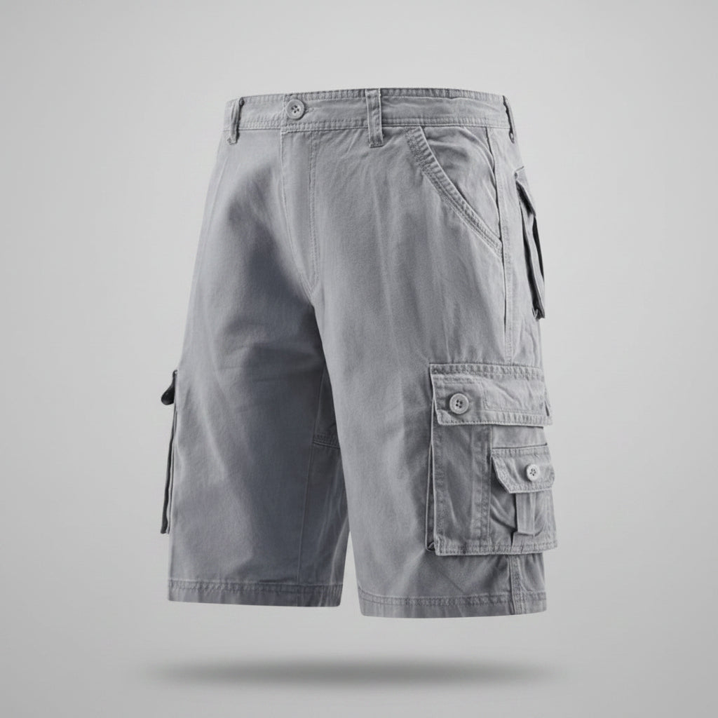 Men's cargo shorts, pale gray with elastic waist and cargo flap pockets.