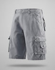 Men's cargo shorts, pale gray with elastic waist and cargo flap pockets.