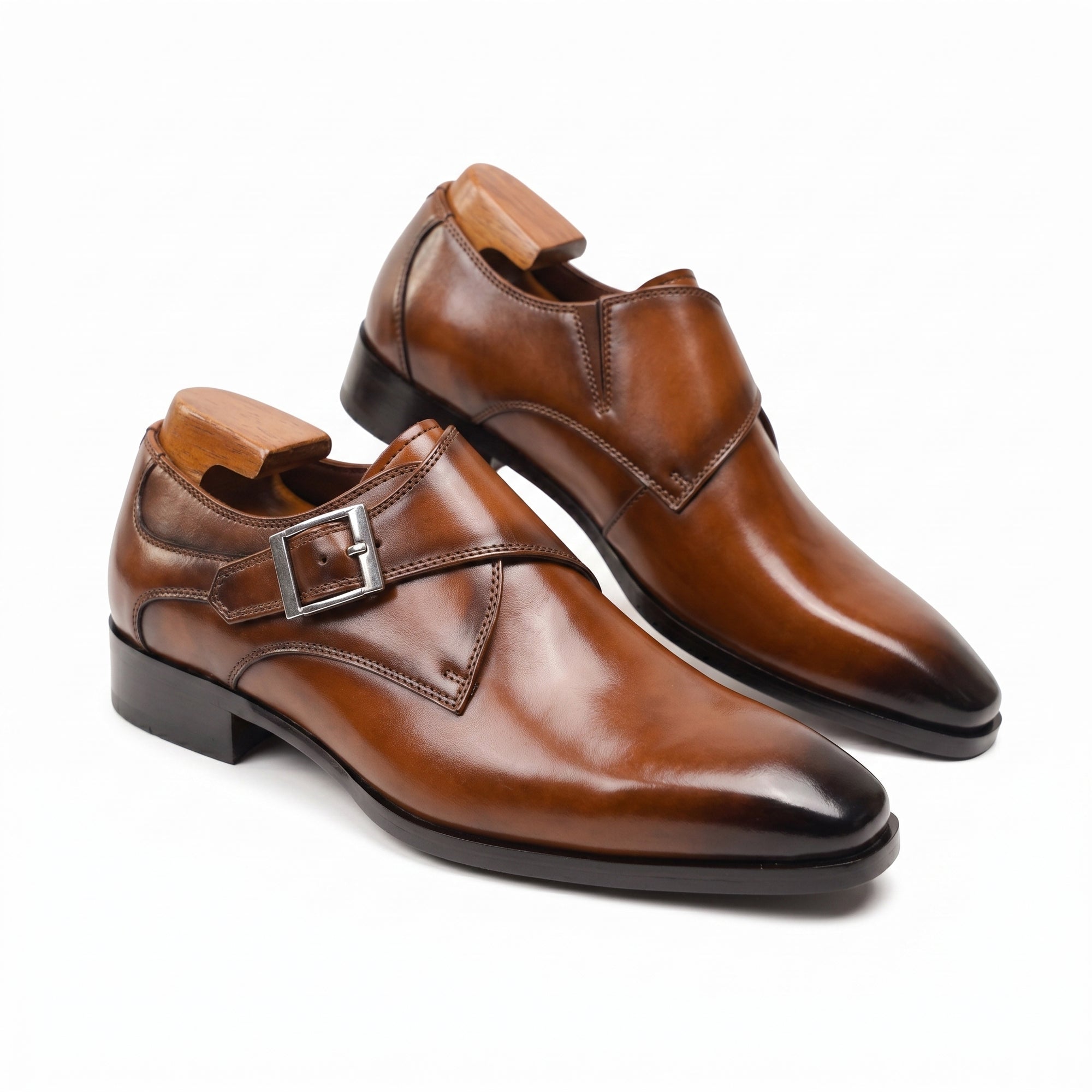 Brown leather buckle dress shoes with square-toe, wooden-look heel tab