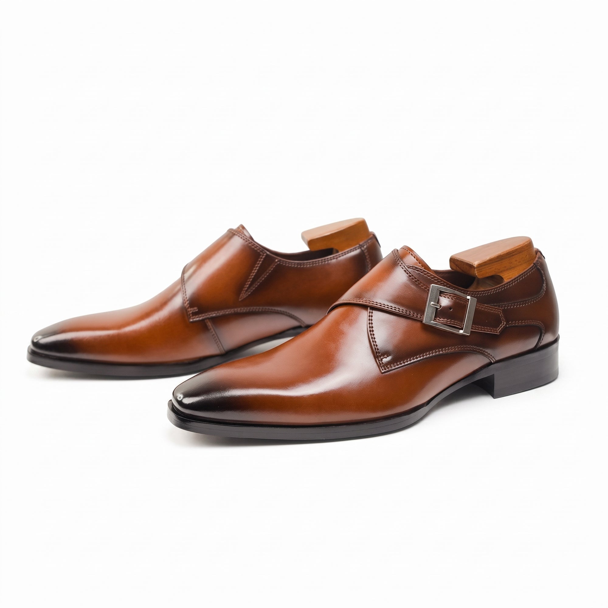 Brown leather buckle dress shoes, side view with square toe