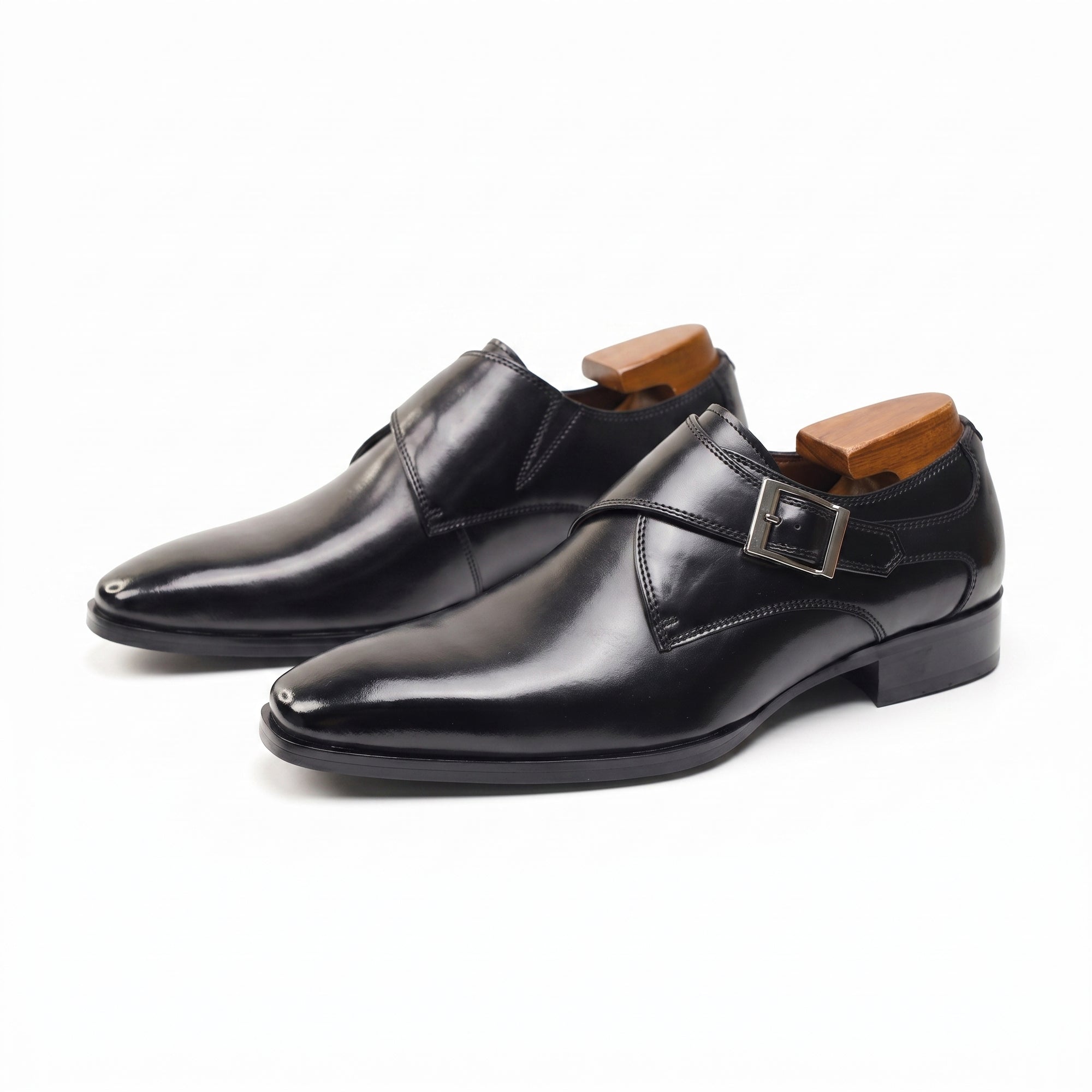 Black leather buckle dress shoes, glossy finish with square toe