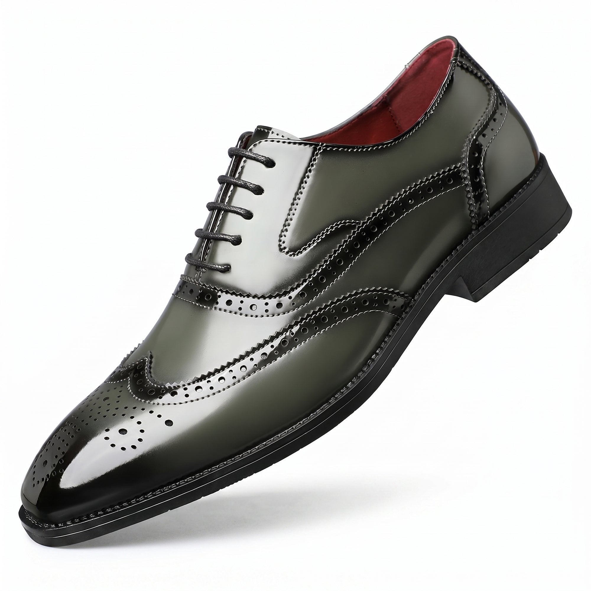Men's leather wingtip brogue shoes, dark green and white colorblock, lace-up.