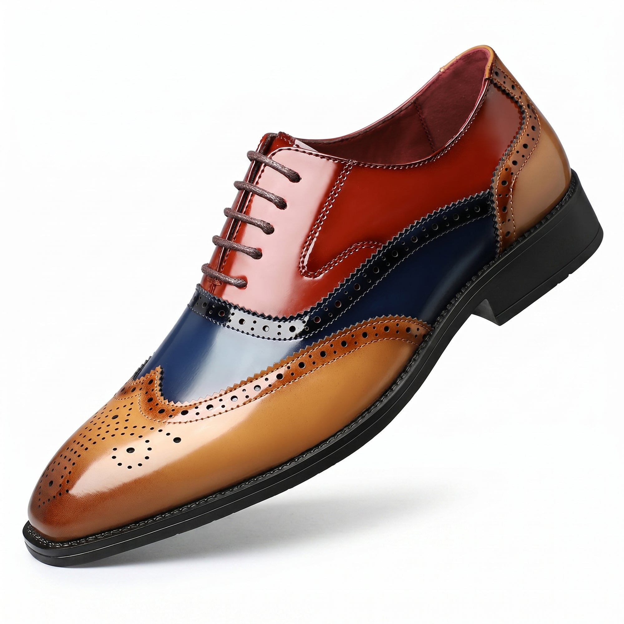 Men's leather wingtip brogue shoes, red blue tan colorblock, lace-up.