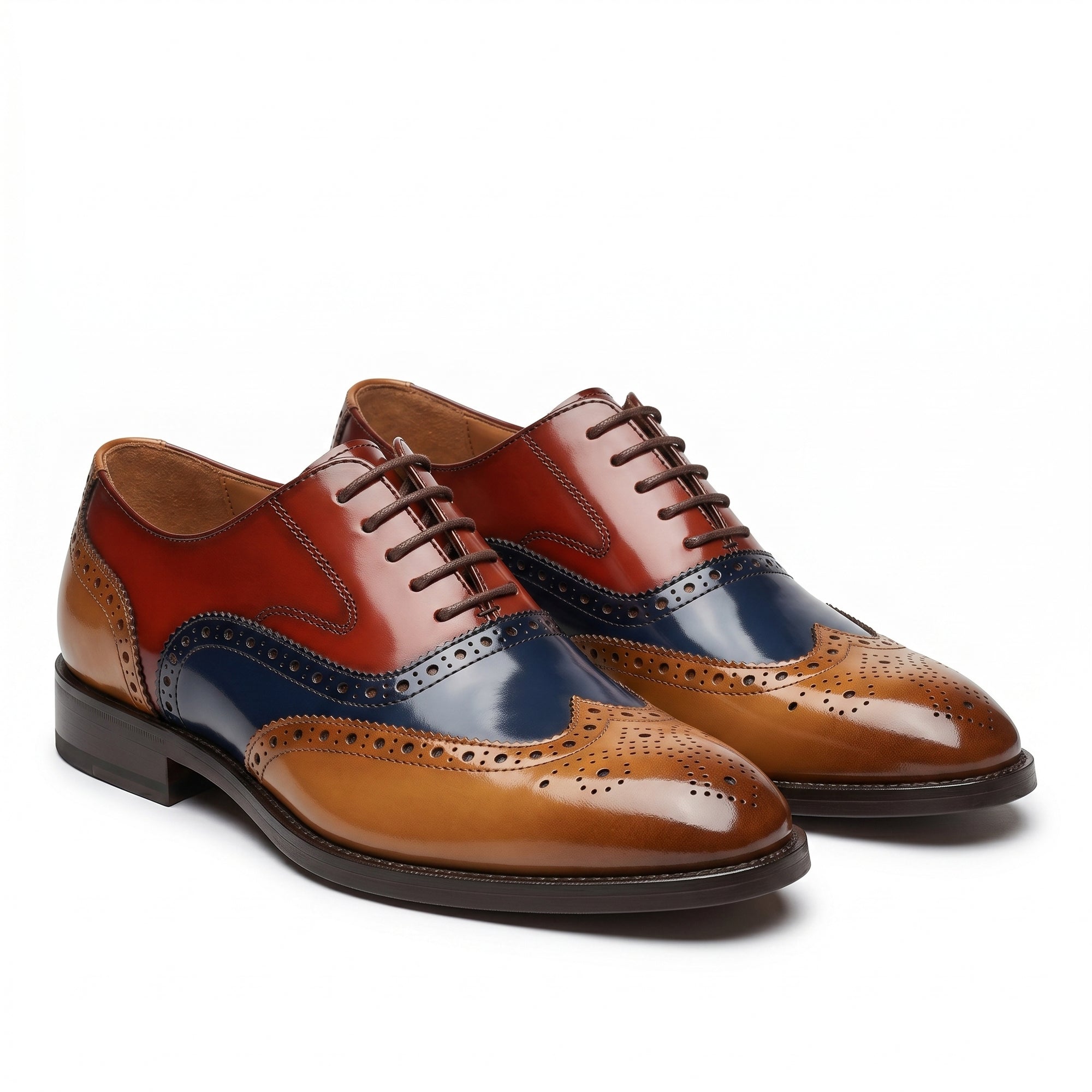 Men's leather wingtip brogue shoes, cognac red and blue colorblock, lace-up.