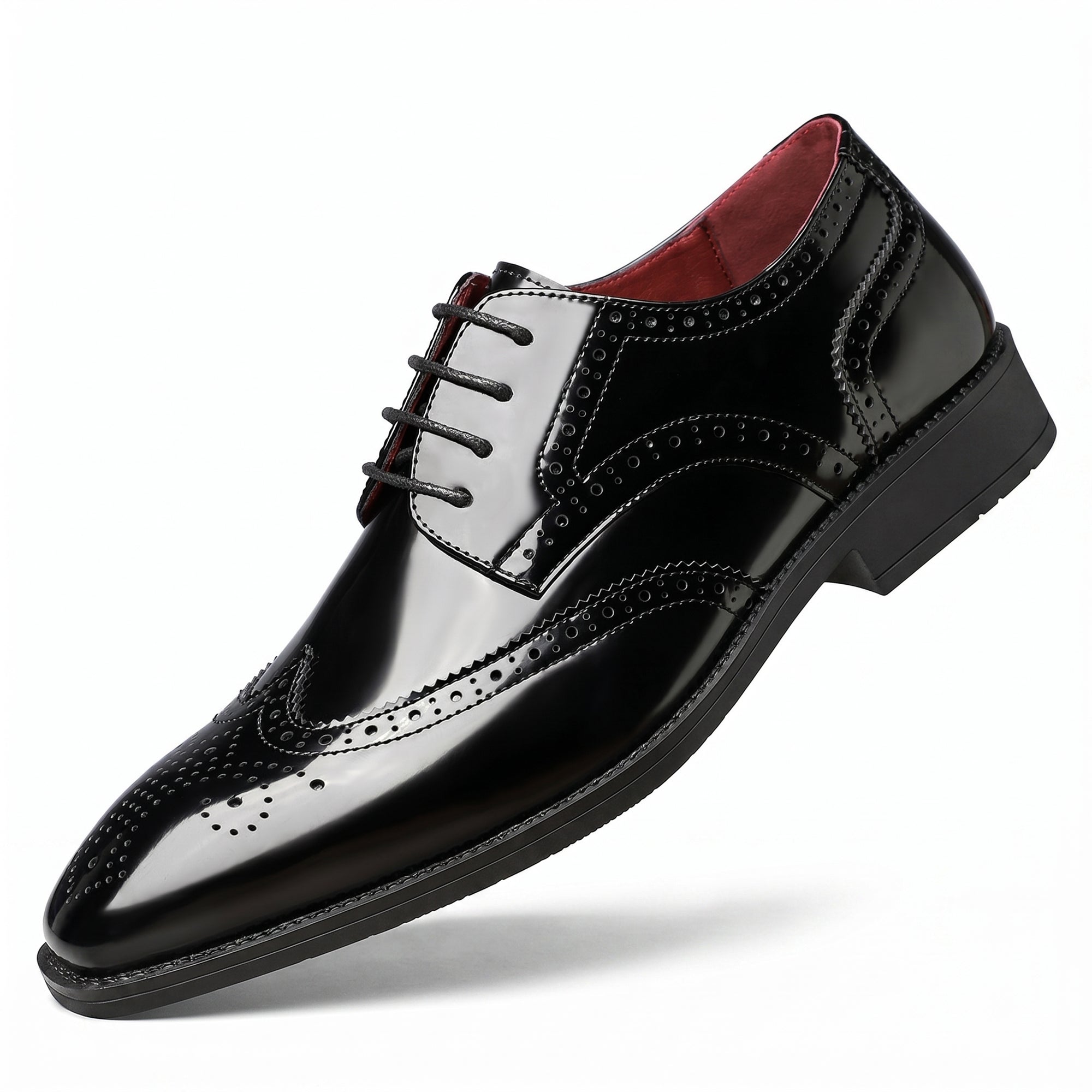 Men's leather wingtip brogue shoes, black and white colorblock, lace-up.