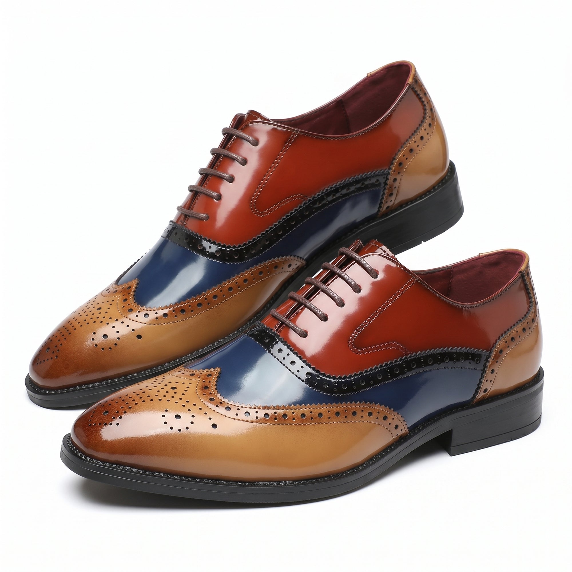 Men's leather wingtip brogue shoes, tan red blue colorblock, lace-up.