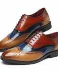 Men's leather wingtip brogue shoes, tan red blue colorblock, lace-up.