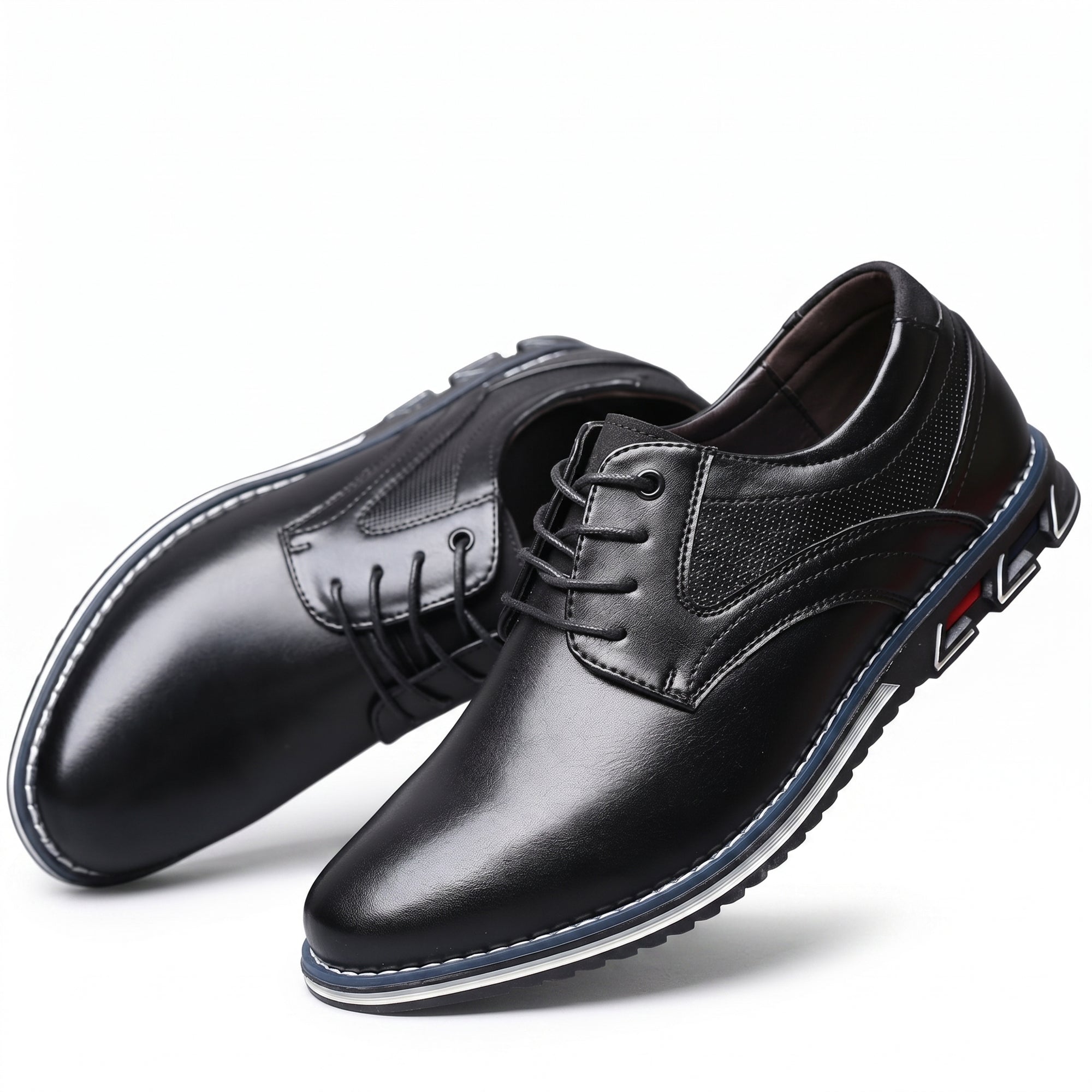 Black leather derby dress shoes, round toe lace-up with stitched seams and cushioned collar