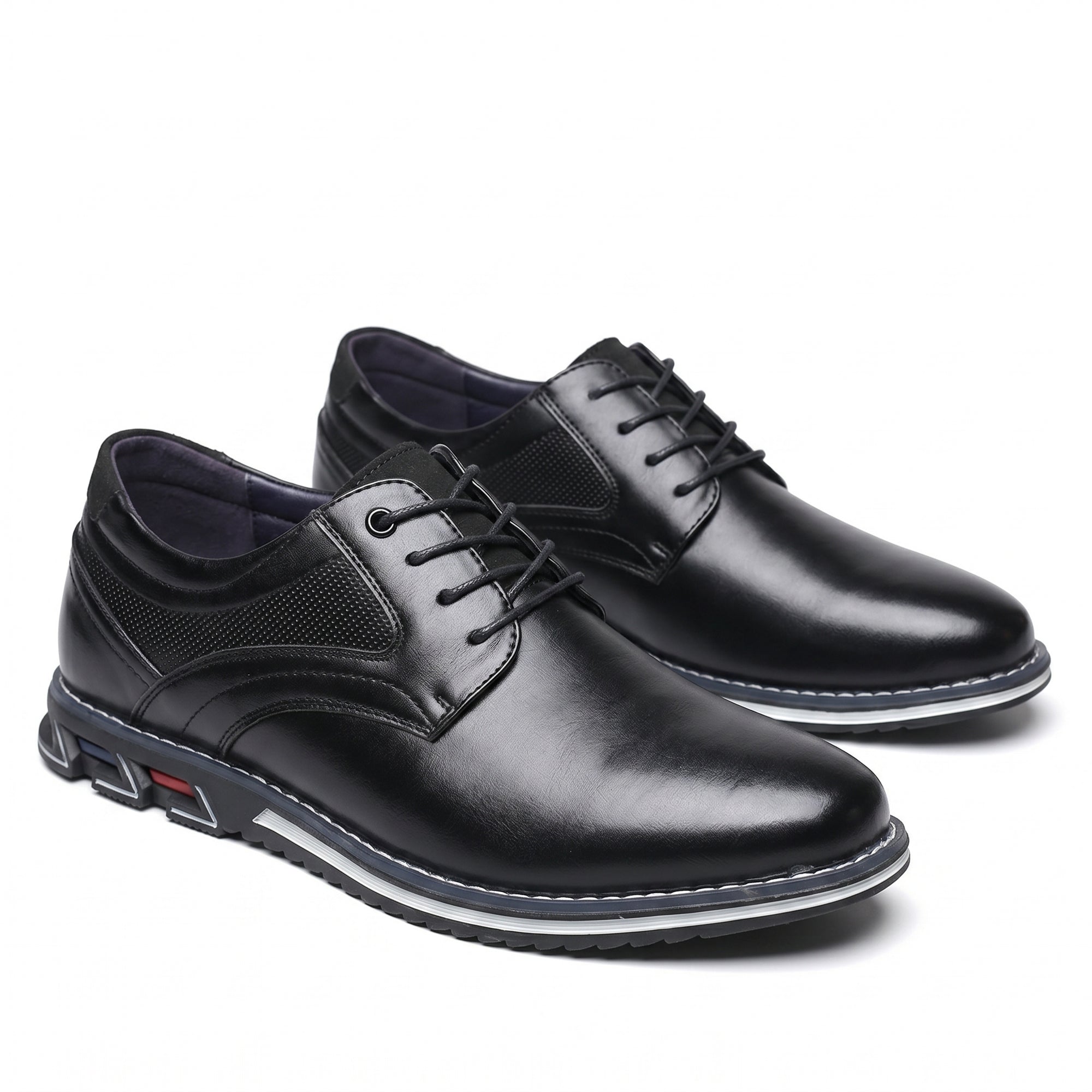 Black leather derby dress shoes with round toe, lace-up design and textured side panels