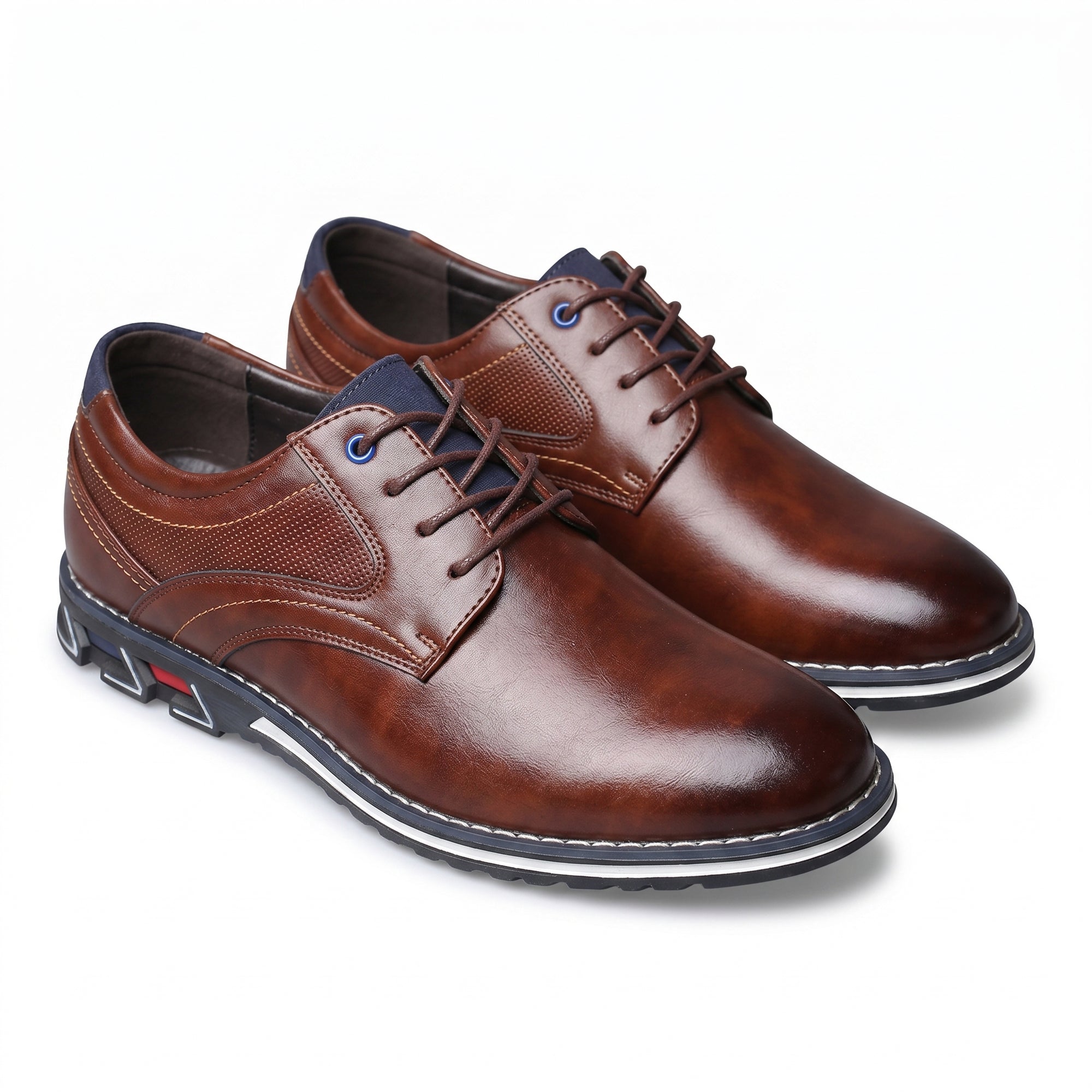 Brown leather derby dress shoes, round toe, lace-up styling with contrast panels