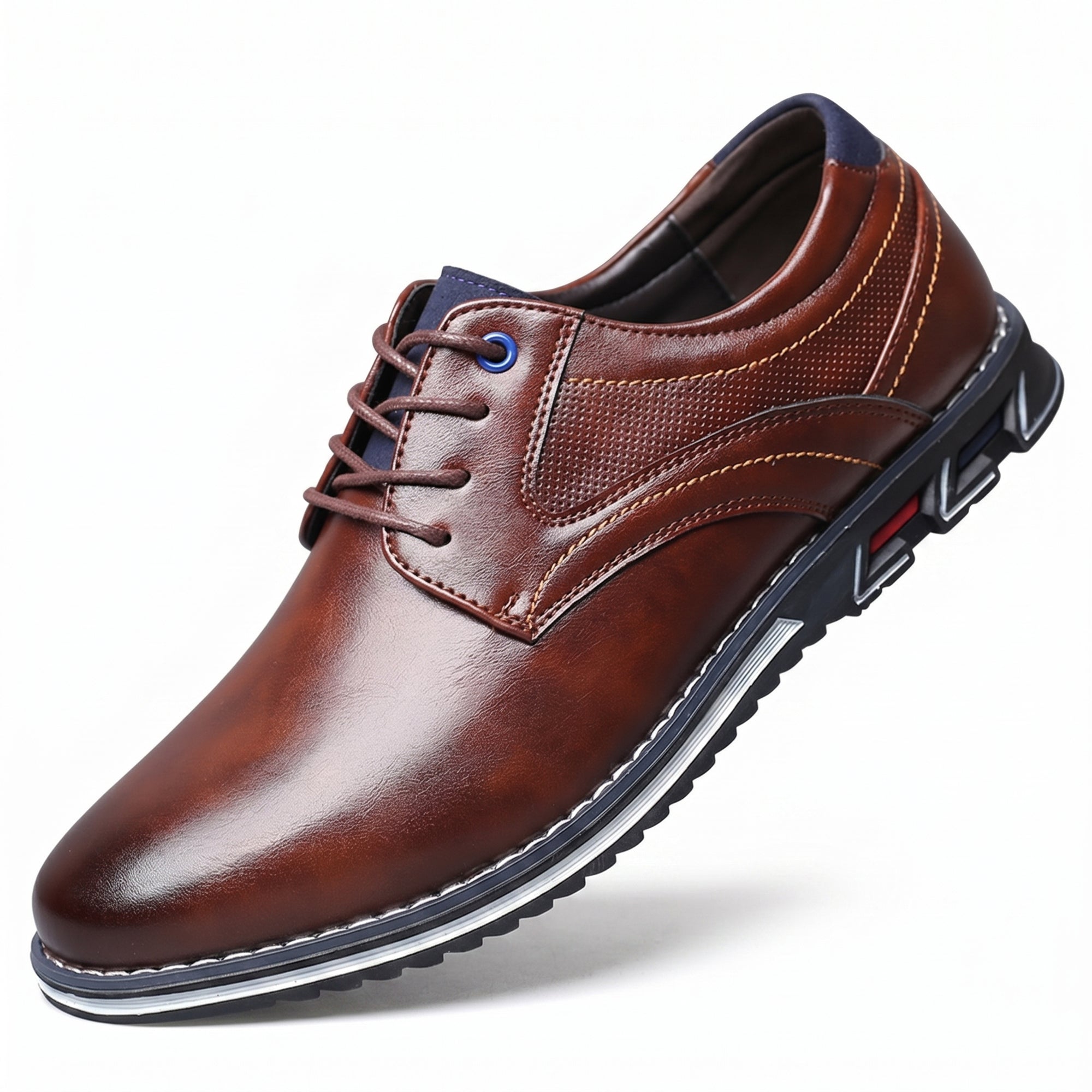 Brown leather derby dress shoes with round toe, lace-up front and blue eyelet accents
