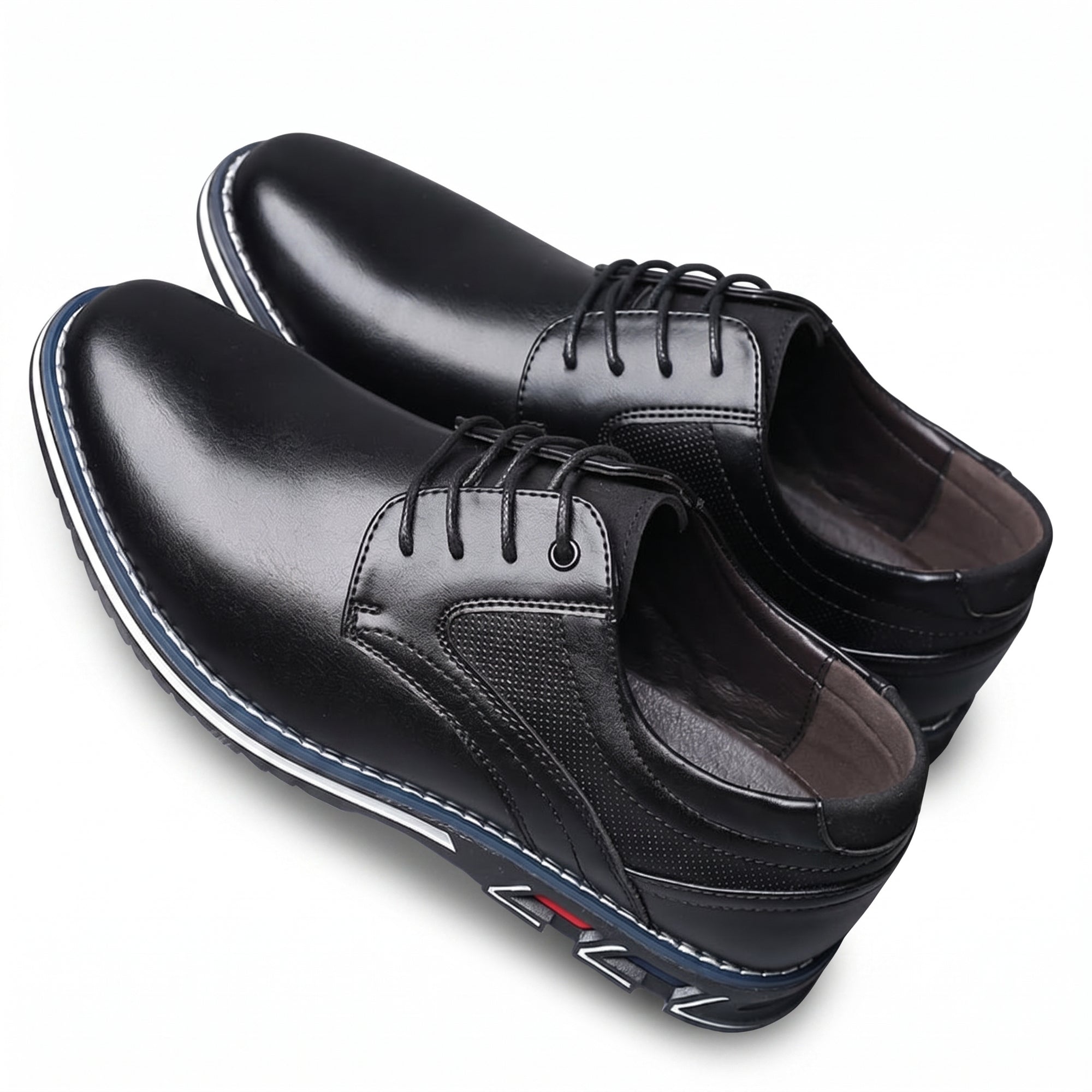 Black leather derby dress shoes, round toe lace-up, thick sole with light edge stitching